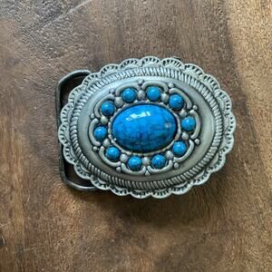 Vintage Belt Buckle Faux Turquoise Silver Tone Metal Southwestern Western